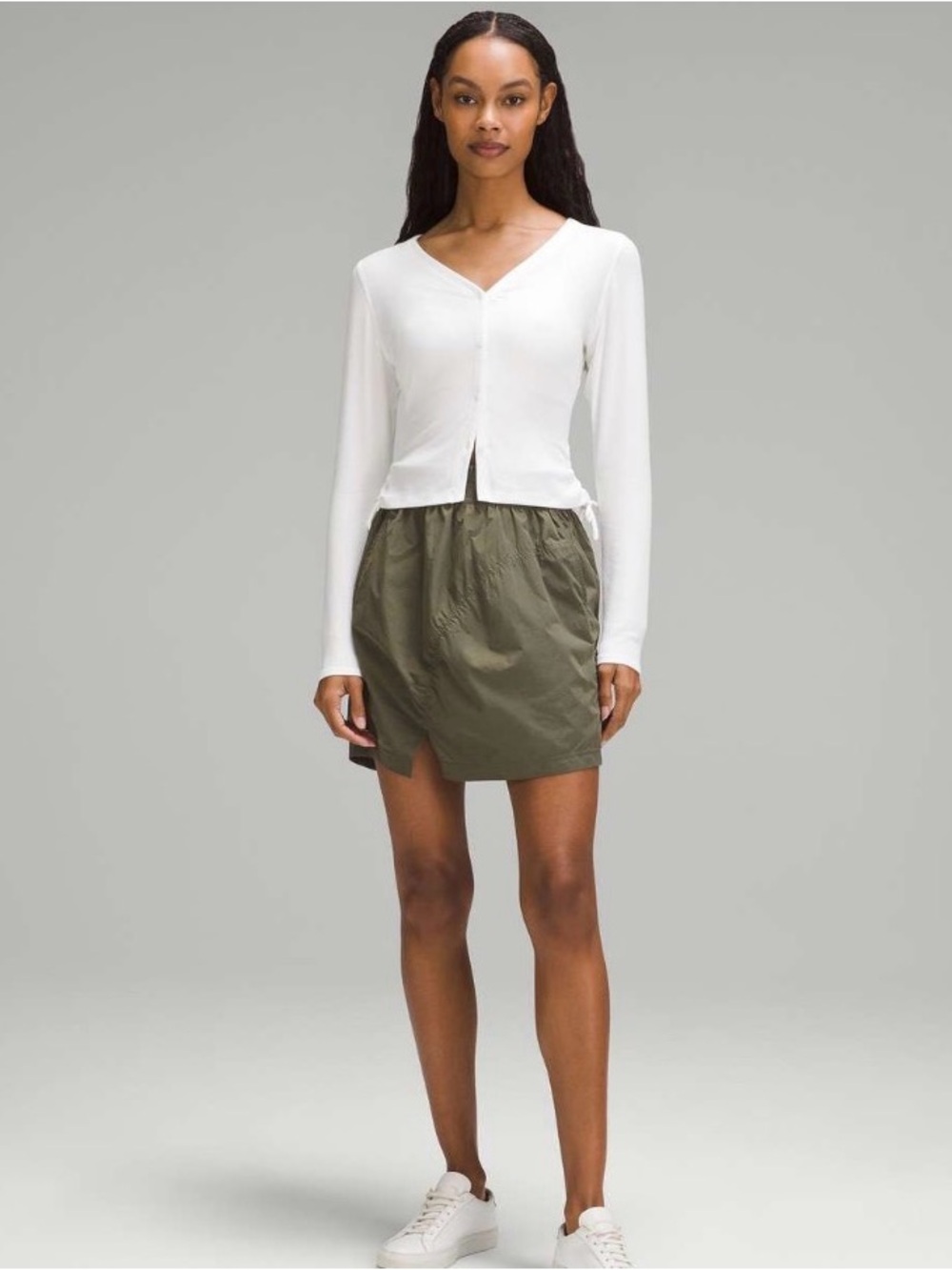 Lululemon High-Rise Ruched Mini Skirt
Army Green
